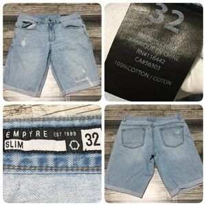 Empyre Slim Fit Jean Shorts Men 32 Light Wash Blue Distressed Denim Inseam 10.5